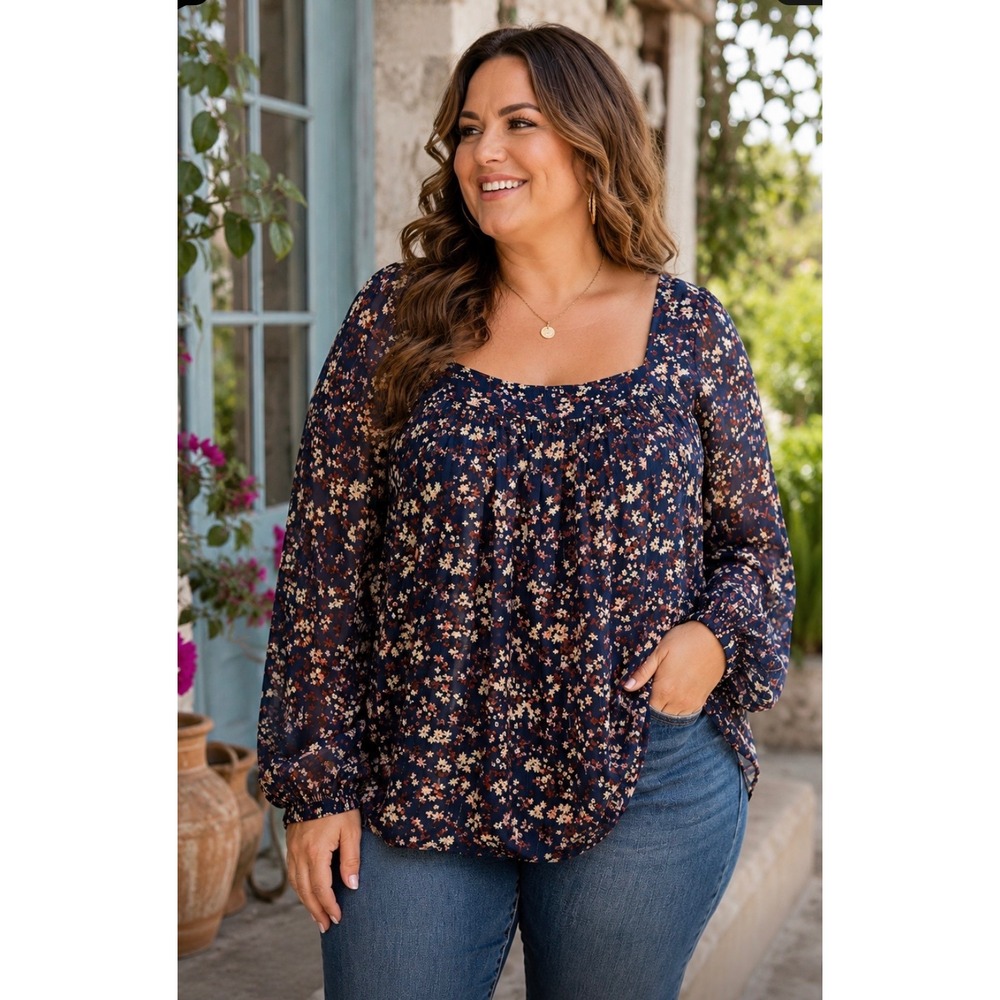 Boden Navy Floral Metallic Pinstripe Square Neck Blouse Top Plus Size 20/22
